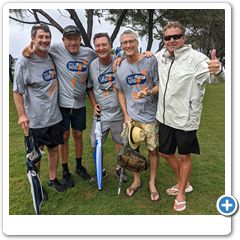 Derek Frail, Craig Shelton, Bill Freeman, Dave Thatcher and Rob Pirie celebrating at the finish of the MND walk.